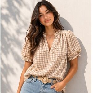 CeCe Womens Tan Gingham Top XXL  Blouse Puff Sleeve Cottagecore Peasant